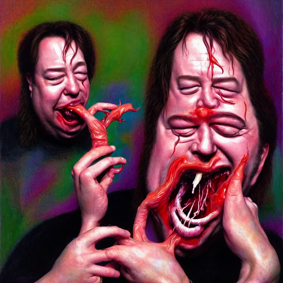 Image similar to weird and disturbing psychedelic bill hicks eating rotten flesh, smiling and puking, diffuse lighting, fantasy, intricate, elegant, highly detailed, lifelike, photorealistic, digital painting, artstation, illustration, concept art, smooth, sharp focus, art by francis bacon