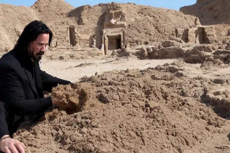 Image similar to film still of keanu reeves wearing an archaeological outfit sifting material at an ancient egyptian archaeological digsite