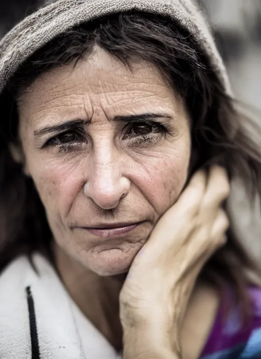 Prompt: close up portrait of beautiful 30-years-old Italian woman, candid street portrait award winning