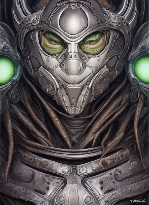 Prompt: cybernetic cyberpunk mf doom reptile eyes, cyber metal skin. intricate, elegant, highly detailed, centered, digital painting, artstation, concept art, smooth, sharp focus, illustration, artgerm, tomasz alen kopera, peter mohrbacher, donato giancola, joseph christian leyendecker, wlop, frank frazetta