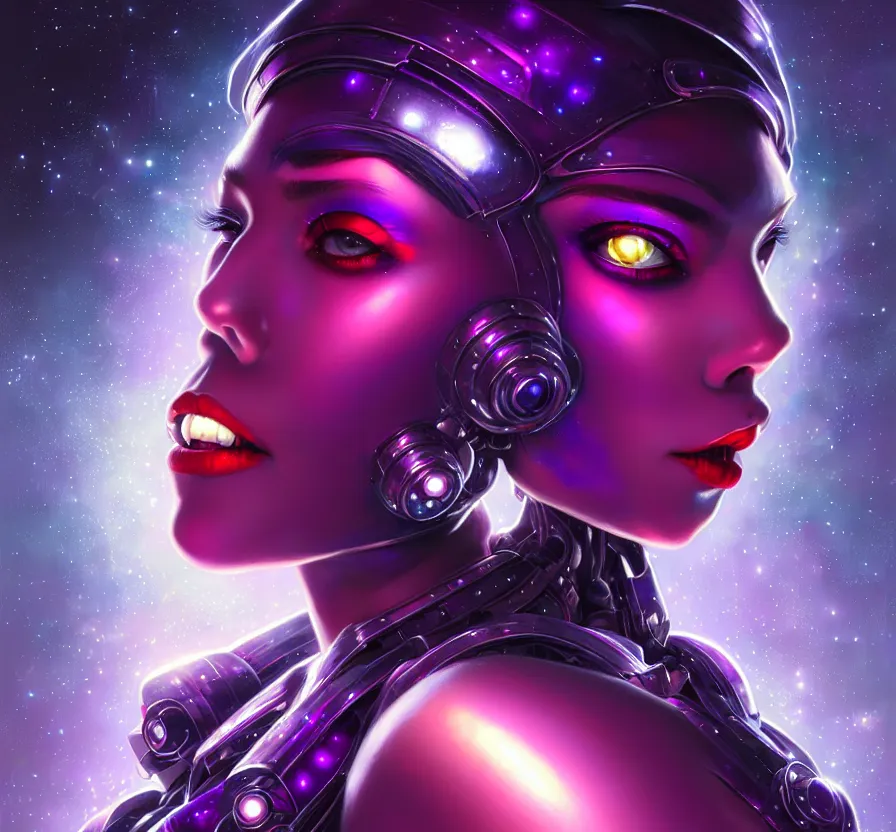 Image similar to cyber female with purple mechanic eyes and red lips and metallic skin, face, sci - fi, metal, constellation cyberpunk city on background, breathtaking stars, elegant, highly detailed, digital painting, artstation, concept art, smooth, sharp focus, spiritual art, art by artgerm and greg rutkowski and alphonse mucha, psychedelic, illustration,