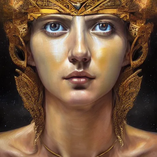 Image similar to hyperrealistic mixed media painting of beautiful goddess Athena, stunning 3d render inspired art by P. Craig Russell and Barry Windsor-Smith, perfect facial symmetry, dim volumetric lighting, 8k octane beautifully detailed render, post-processing, portrait, extremely hyper-detailed, intricate, epic composition, brown eyes, realistic realistic realistic eyes, cinematic lighting, masterpiece, trending on artstation, detailed detailed detailed, masterpiece, stunning