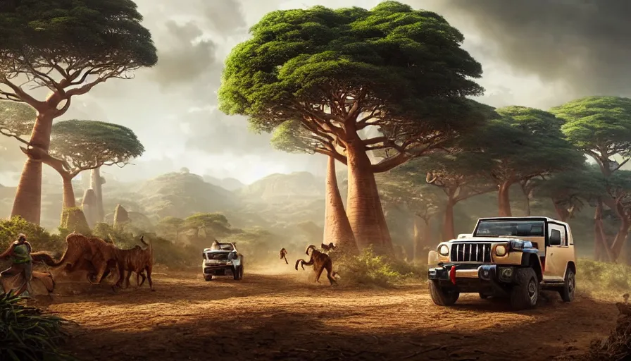 Image similar to mahindra thar driving through madagascar road with baobabs trees, animals running along, tribe members attacking, action scene, an epic fantasy, wide shot, artgerm, trending on artstation, masterpiece, by greg rutkowski, by ross tran, by fenghua zhong, octane, soft render, ultrarealistic, colorful, cinematic, midsommar