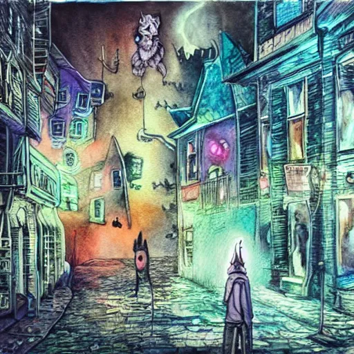 Prompt: ghostly haunted cat strolling through an alien city, watercolour painting, watercolour, colourful, intricate, detailed, concept art, cinematic, trippy, megolaphobia