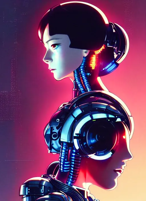 Image similar to side portrait scifi cyborg girl with robotic parts and spacesuit | | head only in center of image, audrey plaza, fine detail!! anime!! realistic shaded lighting!! poster by ilya kuvshinov katsuhiro otomo ghost - in - the - shell, magali villeneuve, artgerm, jeremy lipkin and michael garmash and rob rey