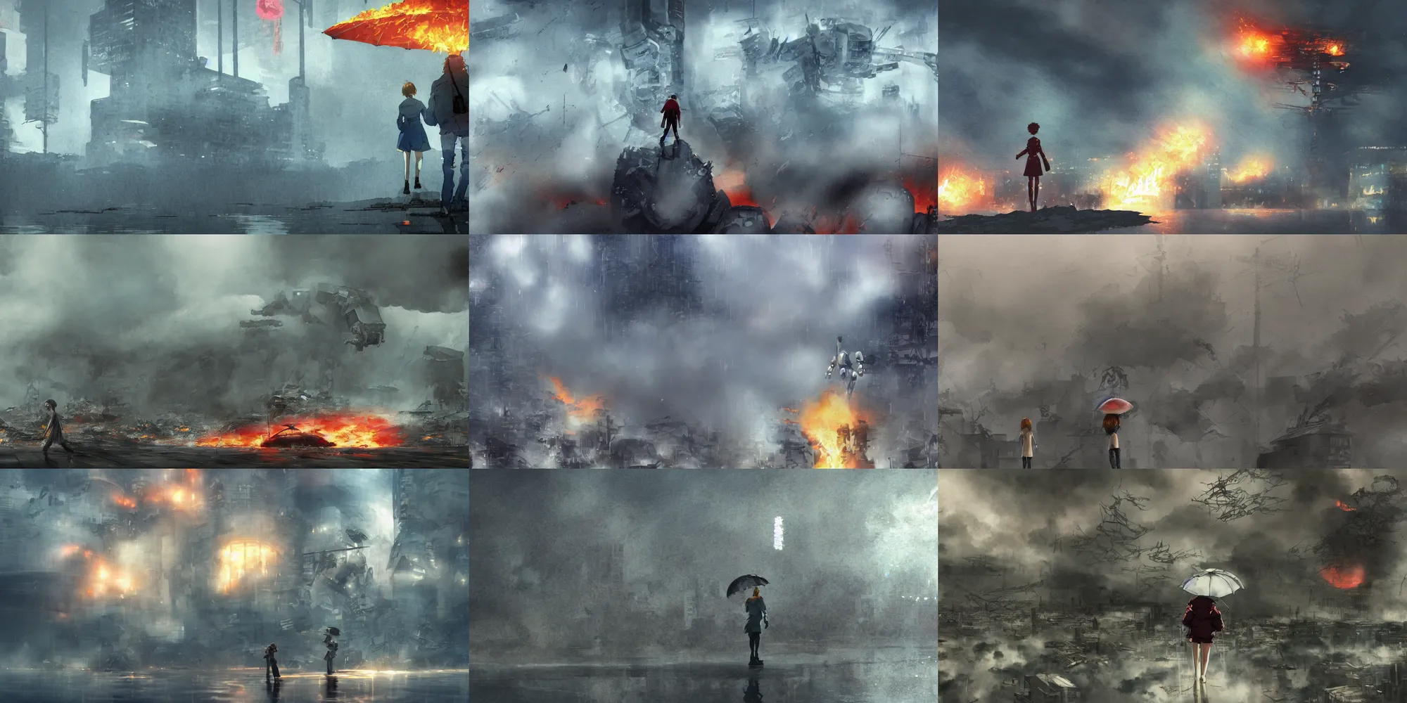 Prompt: incredible wide screenshot, ultrawide, simple water color, paper texture, katsuhiro otomo giant robot anime movie scene, back lit vertigo fear of heights, action shot girl in parka, wet dark robot, parasol, giant robot skull, earthquake destruction, robot reflection, thick fog, smoke, destroyed robots, blazing fire, burning skull crash inferno