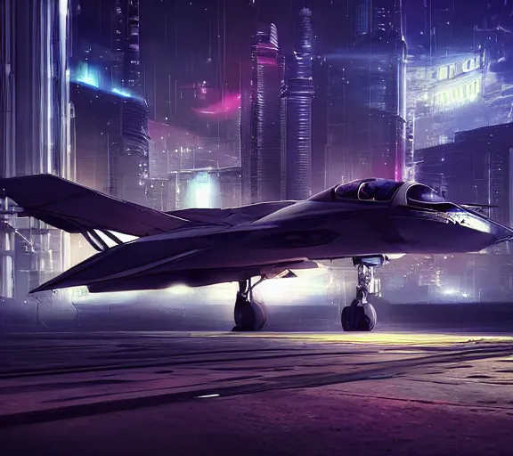 Image similar to futuristic sci fi fighter jet lands at runway of cyberpunk city, night photo ,dark cinematic lighting , digital concept art