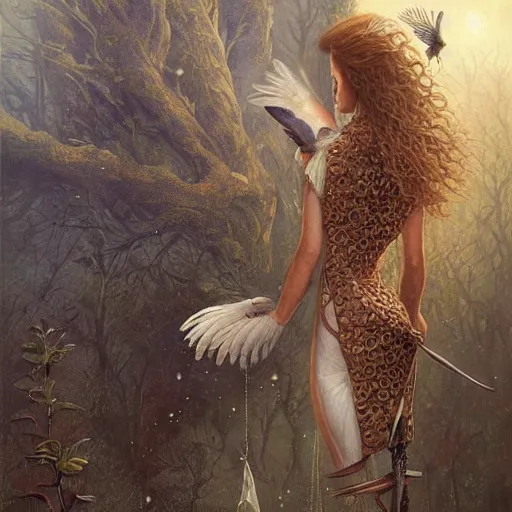 Prompt: a painting of a person with bird traits, a detailed painting by Andrew Ferez, cgsociety, fantasy art, biomorphic, mystical, whimsical