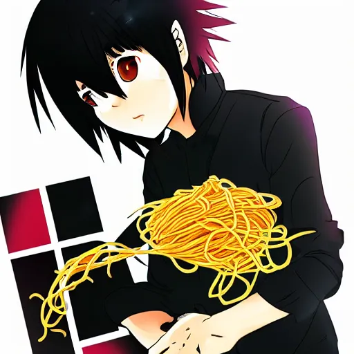 Prompt: an emo anime boy eating spaghetti