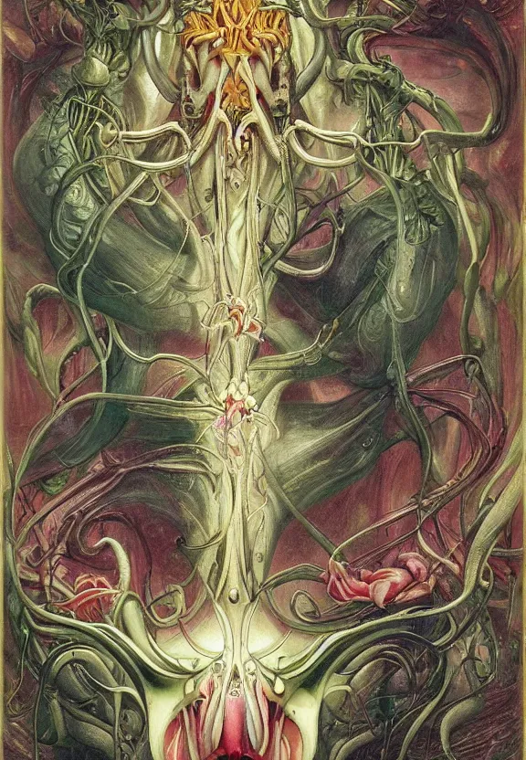 Prompt: simplicity, elegant, colorful muscular eldritch orchids, lilies, flowers, bodies, neon, radiating, mandalas, by h. r. giger and esao andrews and maria sibylla merian eugene delacroix, gustave dore, thomas moran, pop art, giger's biomechanical xenomorph, art nouveau