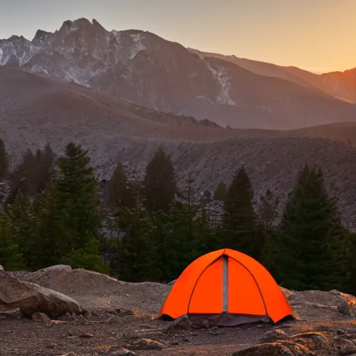 Prompt: an orange tent in the foreground of the sierra mountains at dawn, photo, 4 k