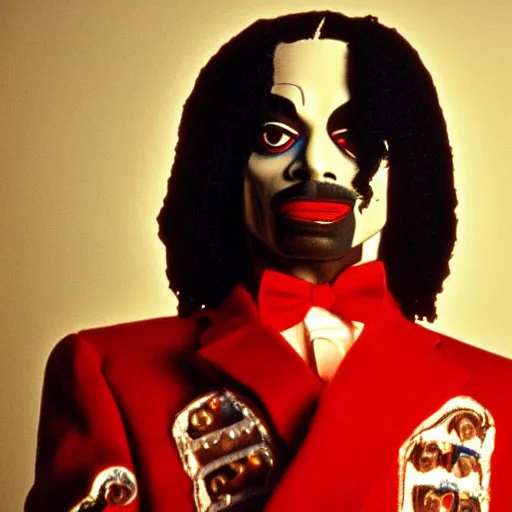 Image similar to a 1980s film still of Snoop Dogg dressed as Michael Jackson, 40mm lens, shallow depth of field, split lighting