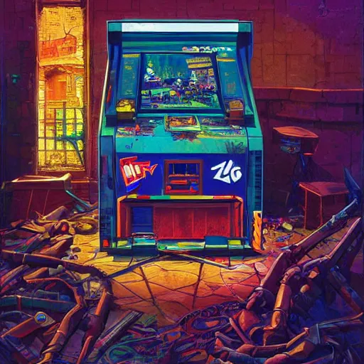 Prompt: arcade cabinet sitting in ruins by greg hildebrandt, marc simonetti and jeffrey smith, vibrant colors