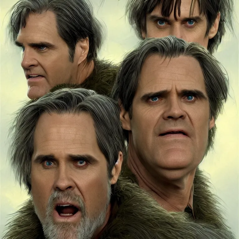 Image similar to hydra of lerna with two heads, one head is jim carey as lloyd christmas, the other head is jeff daniels as harry dunne ( from dumb and dumber ), serpentine water monster, d & d, fantasy, portrait, highly detailed, digital painting, trending on artstation, concept art, sharp focus, illustration, art by artgerm and craig mullins