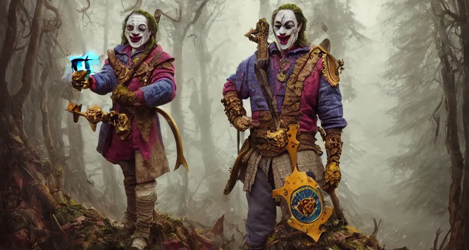 Image similar to robert de niro as medieval joker, crazy colorful clothing with a heavy golden mace in his left hand and a beer jug in his right hand, full body portrait with high detailled face, symmetrical face, intricate details, wandering through a forbidden forest, trending on artstation, 8k hyperrealistic, style of peter mohrbacher, octane render, unreal engine