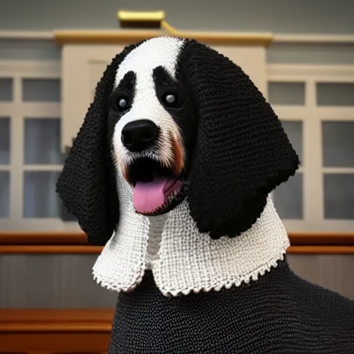 Image similar to a closeup photorealistic illustration of a smiling knitted bernedoodle judge dog dressed in a black gown, presiding over the courthouse. scales of justice and a gavel in the scene. this 4 k hd image is trending on artstation, featured on behance, well - rendered, extra crisp, features intricate detail, epic composition and the style of unreal engine.