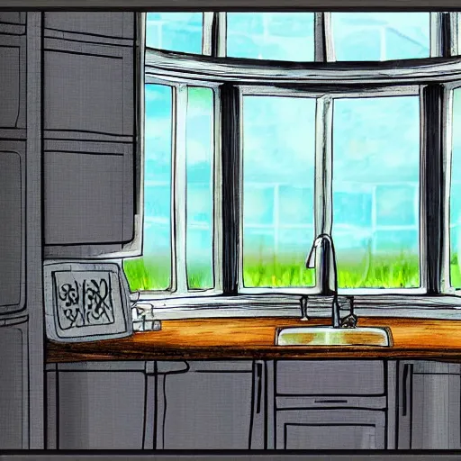 Prompt: kitchen, with cabinets in background, sunrise, large round window, digital art, cartoon