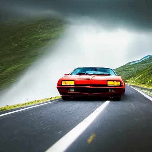 Prompt: pontiac firebird trans - am driving towards the camera, norway mountains, cinematic, motionblur, volumetric lighting, foggy, wide shot, low angle, large lightning storm, thunder storm, tornado