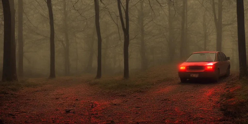 Prompt: old dark car with red lights in the woods, pacific northwest, dense fog, nighttime, dark blue tones, gloomy atmosphere, 8 k, hd, photoreal