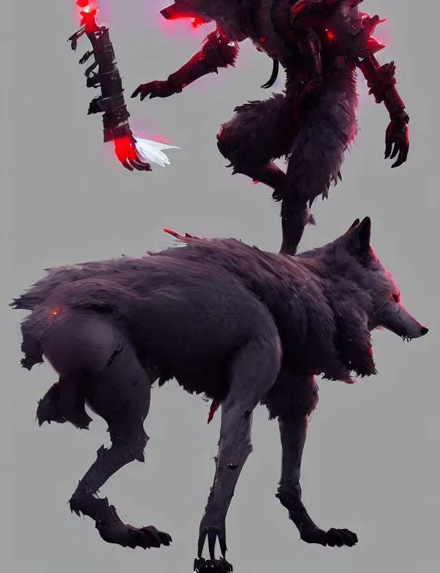 Image similar to handsome dark gray anthropomorphic wolf fursona with long red hair wearing destiny 2 armor. character design by cory loftis, fenghua zhong, ryohei hase, ismail inceoglu and ruan jia. artstation, volumetric light, detailed, photorealistic, fantasy, rendered in octane