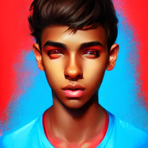 Image similar to colorful and festive captivating teenager with straight brown hair covering his eye, dark skin, big lips, big eyes, wearing a red t - shirt. rich vivid colors, ambient lighting, dynamic lighting, 4 k, atmospheric lighting, painted, intricate, highly detailed by charlie bowater