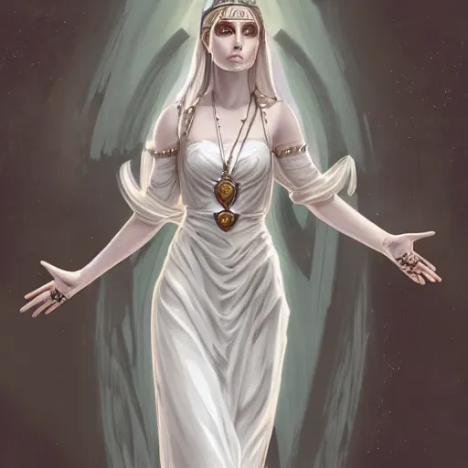 Prompt: goddess, pale, holy, gorgeous, white dress, high fantasy, concept art, Disco Elysium