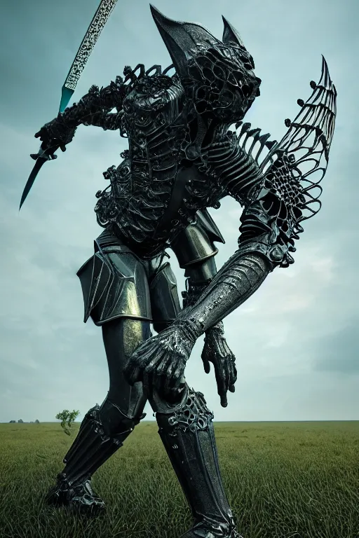 Image similar to hyperrealistic neo - gothic human gargoyle hybrid, exoskeleton armor, fighting with katana, field of pink flowers, highly detailed digital art masterpiece, vitaly bulgarov dramatic dark teal light, ground angle hd 8 k, sharp focus