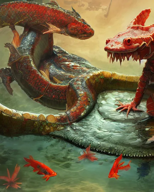 Image similar to game character beautiful giant kaiju sized pond serpent half fish half salamander, wet amphibious skin, red salamander, axolotl creature, koi pond, korean village by Ruan Jia and Gil Elvgren, fullbody