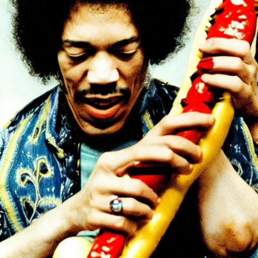 Image similar to Jimi Hendrix playing a hotdog-guitar on stage at the Budokan