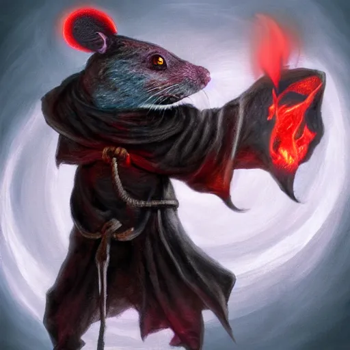 Image similar to painting of a ghostly rat with glowing red eyes, wearing tattered black burlap robes, floating in mist, clutching a blue flame in each hand, anthropomorphic rat, skaven, master splinter, nicodemus, photorealistic, artstation