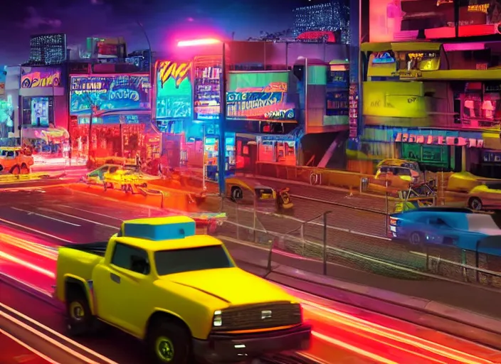 Image similar to a film still of a tonka truck driving through a neon city at night, cinematic