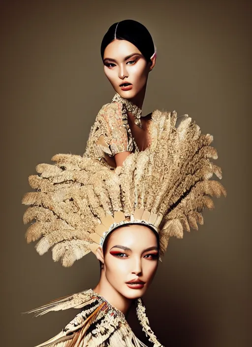 Image similar to glorious and luxurious haute couture dress on indigenous model woman with smooth skin, portrait, voluminous, masterpiece, intricate