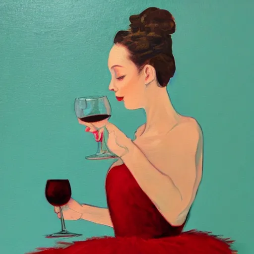 Prompt: painting of a ballerina drinking wine in a teal room, red background