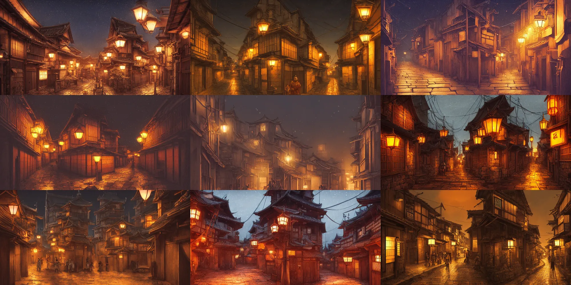 Prompt: medieval kyoto street at night landscape, crowded streets, orange street lights everywhere, 8K, trending on artstation, golden ratio, rule of thirds, low key, extremely high detail, concept art
