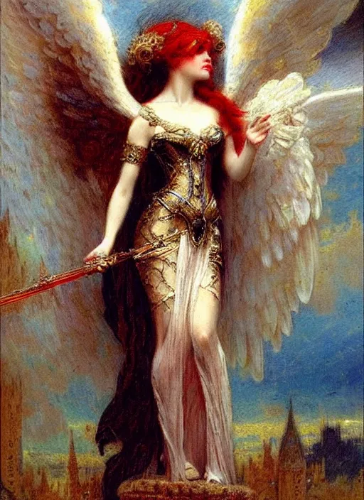 Image similar to vertical prtrait of an angel knight gothic girl, baroque dress. by gaston bussiere