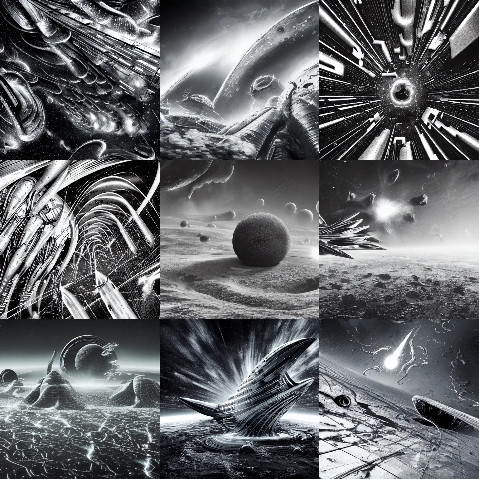 Prompt: a lot small slippery slime spaceships epic explode in space, giger style, landscape, background sharp earth, black and white, futurism, 8 k