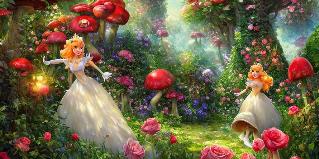 Prompt: Princess peach wandering through her hedge hedge garden of exotic flowers in the Mushroom Kingdom, giant mushrooms, and roses, from behind, streets, birds in the sky, sunlight and rays of light shining through trees, beautiful, solarpunk!!!, highly detailed, digital painting by Michael Garmash and Peter Mohrbacher