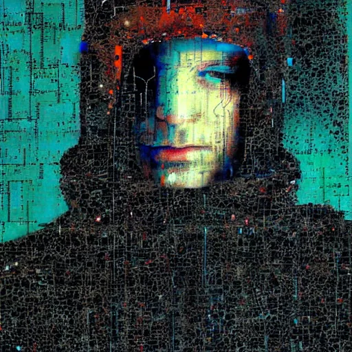Prompt: portrait of a hooded hacker wearing a cyberpunk visor, mysterious, shadows, by Guy Denning, by Johannes Itten, by Russ Mills, glitch art, hacking effects, chromatic, color blocking, oil on canvas, concept art, abstract
