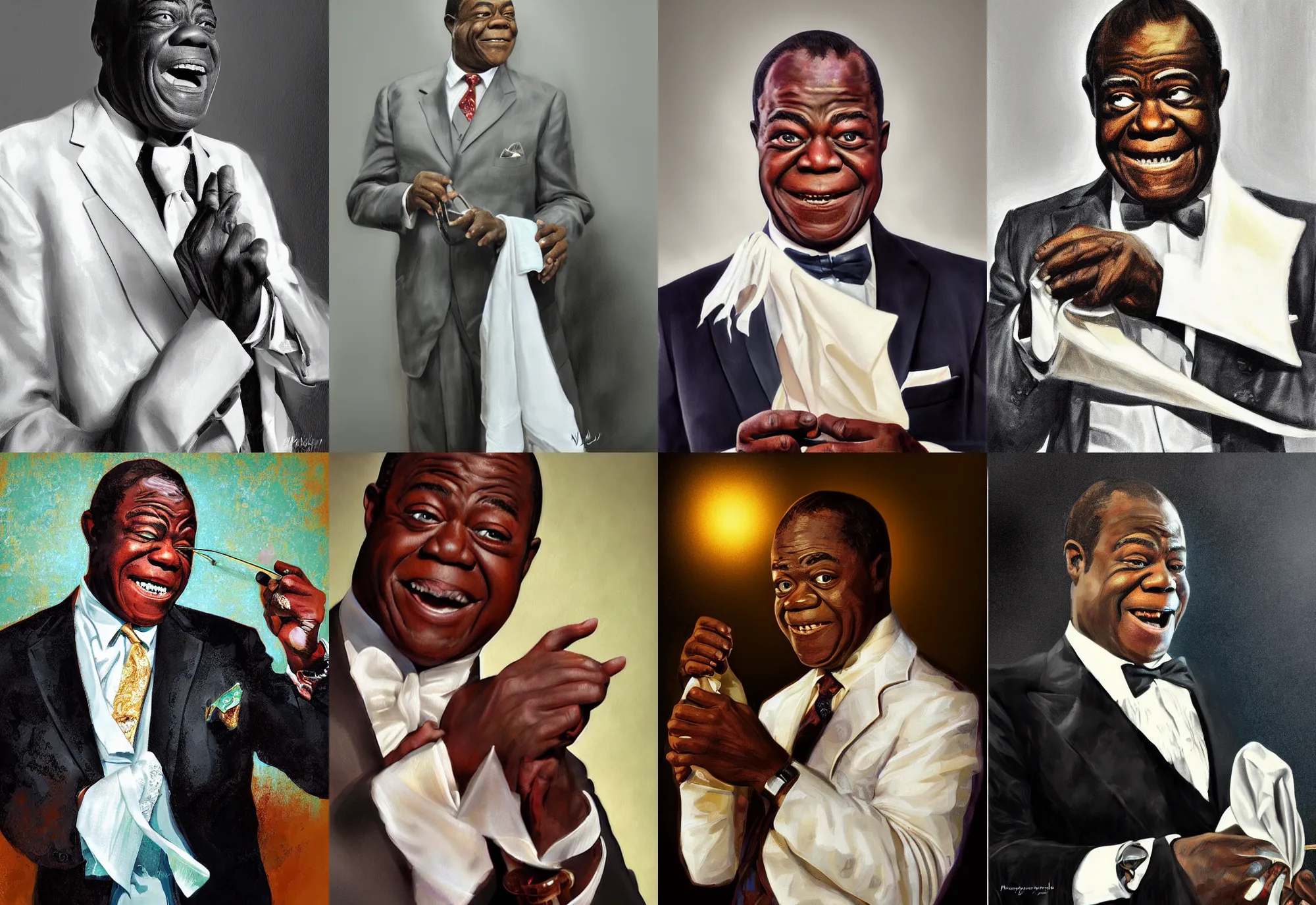 Prompt: a portrait of louis armstrong holding a white handkerchief, by neale worley, dramatic lighting, highly detailed digital painting