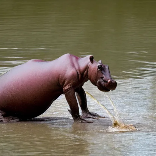 Image similar to a hippopotamus with a golden trophy in its mouth. photograph.