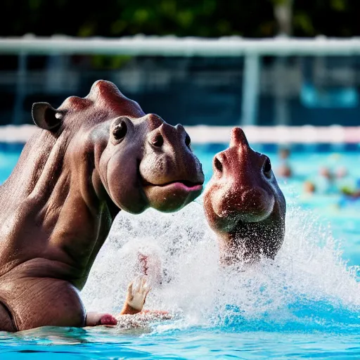 Image similar to hippopotamuses playing with humans, water polo. sports photograph.