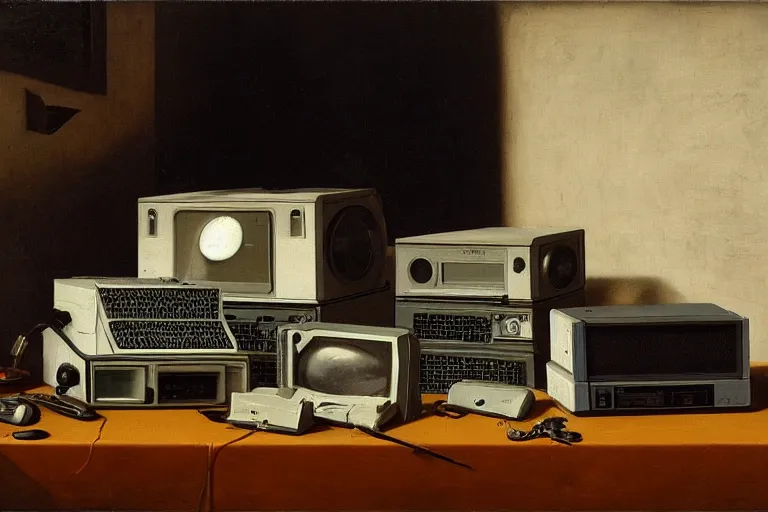 Image similar to still life painting of vintage computers by Pieter Claesz, oil on canvas, strong lighting, highly detailed, hyper realism, HD, 4K