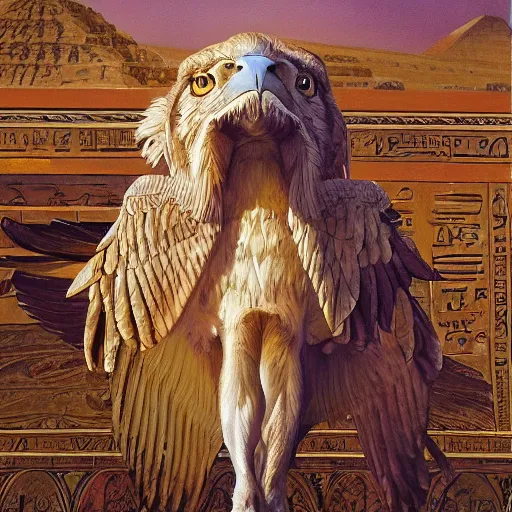 Image similar to a realistic oil painting of a winged lion's body with the head of an eagle and a beak, in an ancient egyptian temple, at purple sunset, highly detailed, trending on artstation, by james gurney and michael whelan and krenz cushart and alphonse mucha