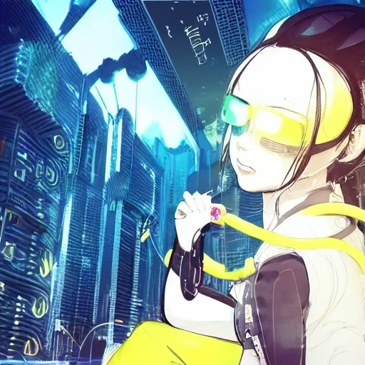 Image similar to Frequency indie album cover, luxury advertisement, yellow filter, white and gray colors. Clean and detailed post-cyberpunk sci-fi close-up schoolgirl in asian city in style of cytus and deemo, blue flame, relaxing, calm and mysterious vibes, by Tsutomu Nihei, by Yoshitoshi ABe, by Ilya Kuvshinov, by Greg Tocchini, nier:automata, set in half-life 2, Matrix, GITS, Blade Runner, Neotokyo Source, Syndicate(2012), dynamic composition, beautiful with eerie vibes, very inspirational, very stylish, with gradients, surrealistic, dystopia, postapocalyptic vibes, depth of field, mist, rich cinematic atmosphere, perfect digital art, mystical journey in strange world, beautiful dramatic dark moody tones and studio lighting, shadows, bastion game, arthouse