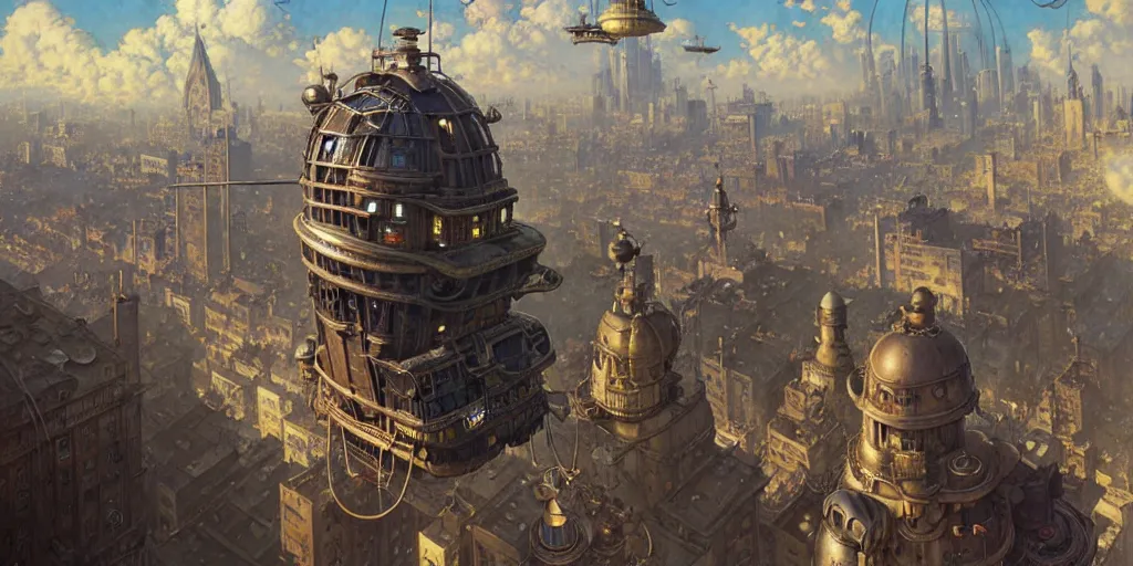 Image similar to steampunk airship above a busy city, exquisite details, denoised, mid view, by norman rockwell, karl kopinski, artsation, greg rutkowski, makoto shinkai, takashi takeuchi, studio ghibli