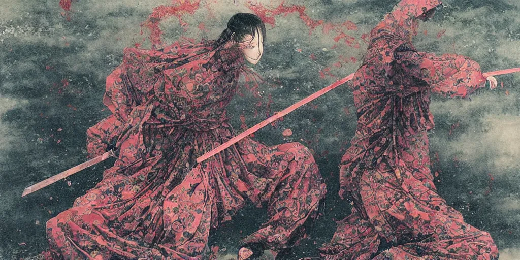 Image similar to Japanese schoolgirl runs away from Samurai with a katana on the subway, high detailed Beksinski painting, part by Adrian Ghenie and Gerhard Richter. art by Takato Yamamoto. deep colours