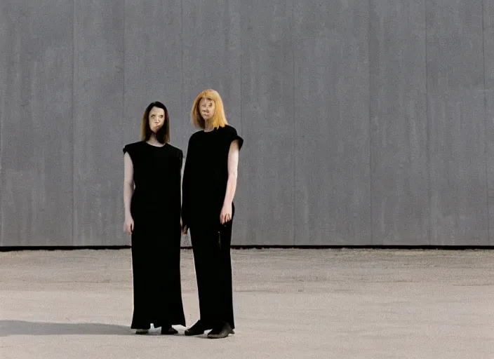 Image similar to cinestill 5 0 d closeup photographic portrait of two clones in front of a brutalist metal building, techwear women, on a desolate plain, red sky, black oversized clothes, depth of field, 4 k, 8 k, hd, full color