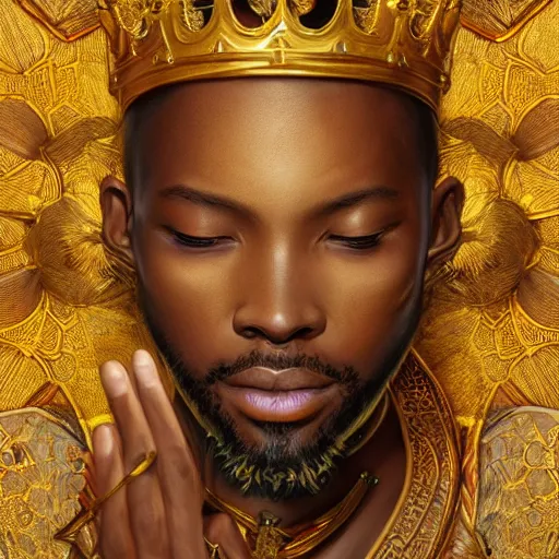 Prompt: an african wise king with a crown of golden flower petals, kemetic, D&D, fantasy, intricate, elegant, highly detailed, digital painting, artstation, concept art, matte, sharp focus, illustration, art by Artgerm and Greg Rutkowski and Alphonse Mucha