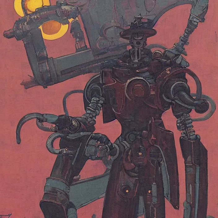 Image similar to a robot hunter from bloodborne in yharnam, style by retrofuturism, faded red and yelow, by malcolm smith, old comics in city, nicholas roerich, katinka reinke