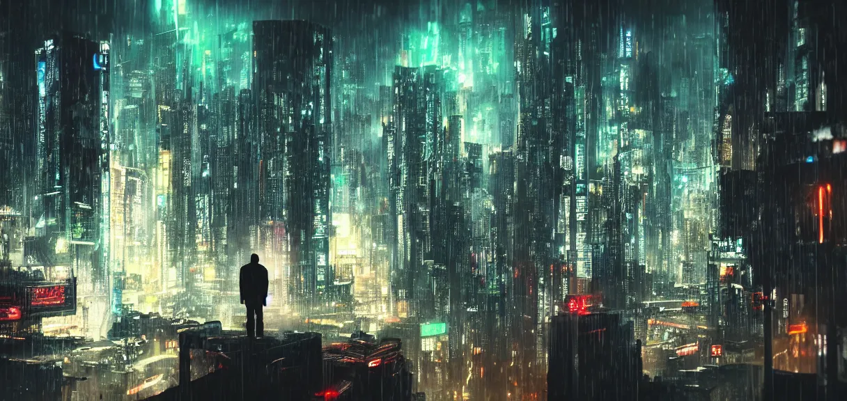 Man needlessly standing on roof overlooking cyberpunk city posing